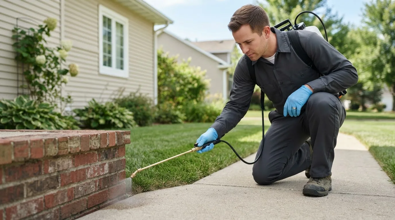 Pest control technician treating a home near Cuba City, WI