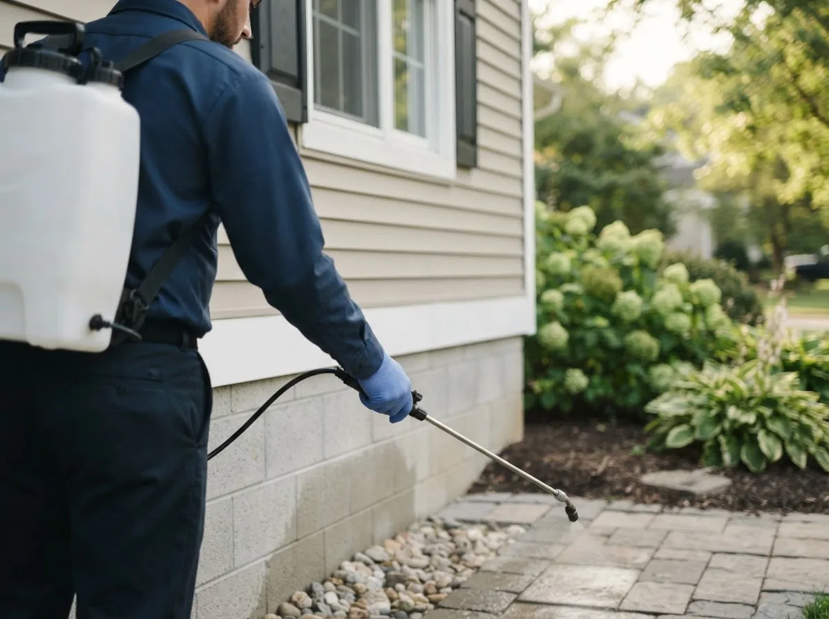 Pest control technician inspecting a home in Cuba City, WI